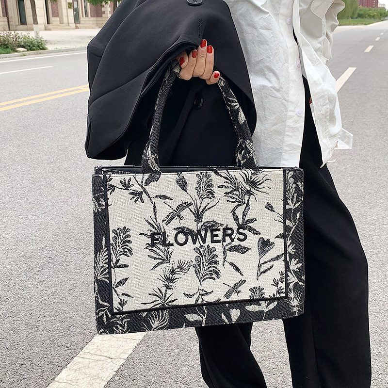 Bolsa de tela negra, bolsa de tela de flores, bolsa para compras