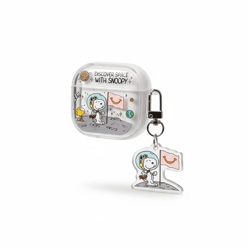 Funda Snoopy transparente astronauta para AirPods 4 con llavero resistente